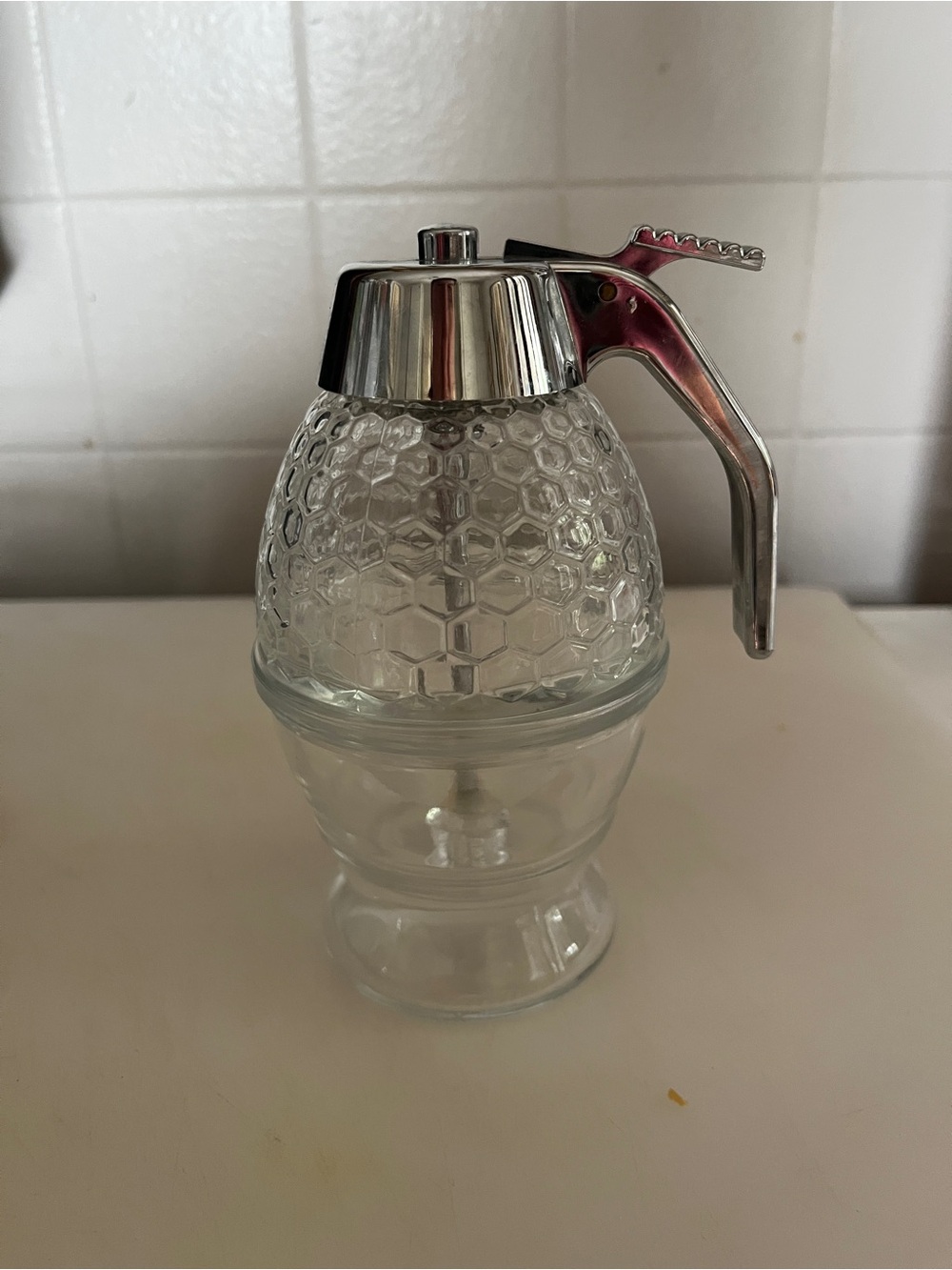 Glass Honey Dispenser with Chrome Pour Lid - Clear